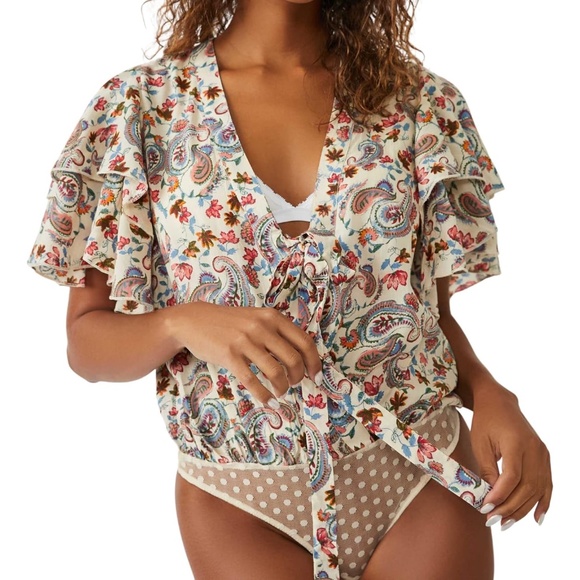 Free People  Call Me Later Printed Bodysuit Large - Picture 1 of 9